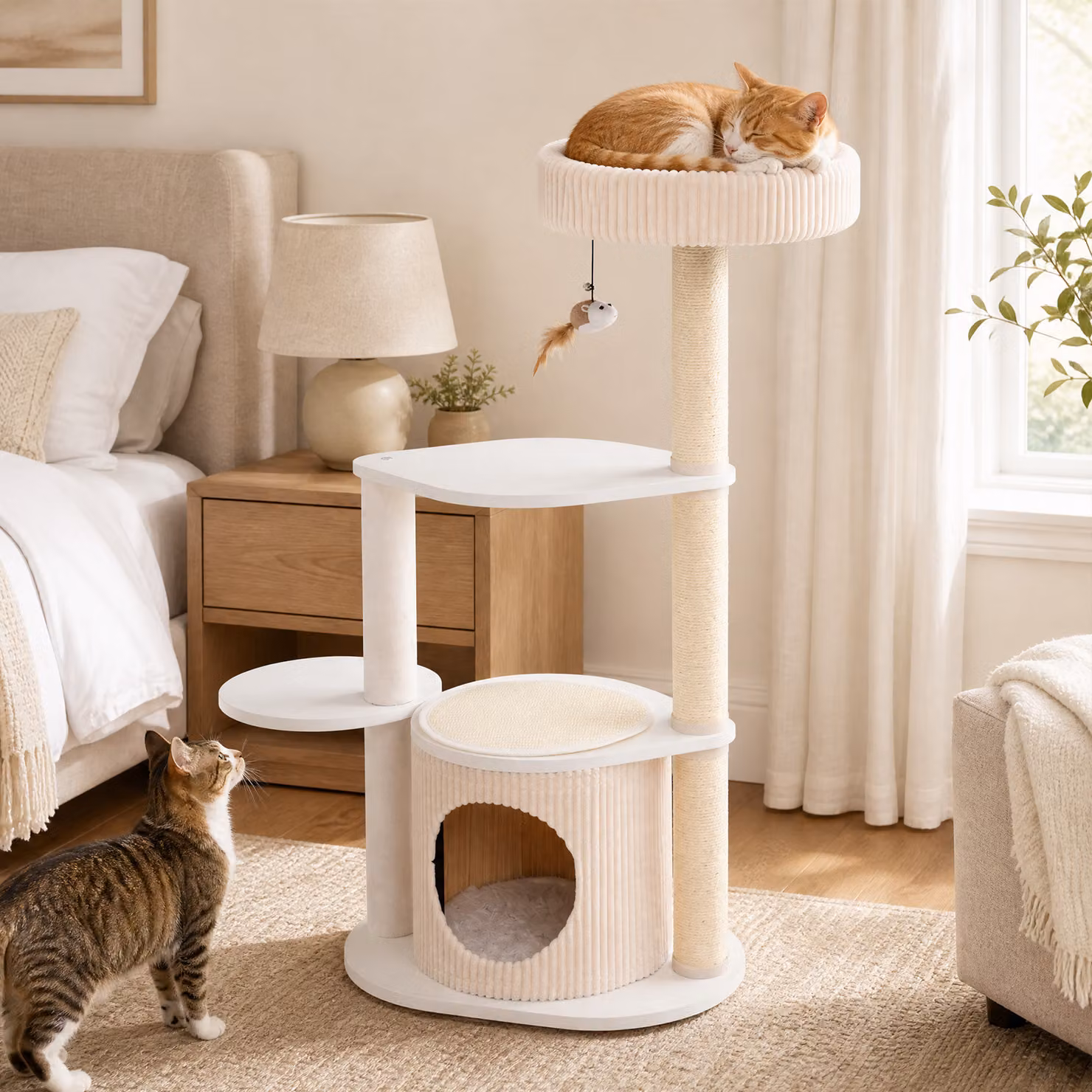 Albero tiragraffi per gatti Costway a 4 livelli con cuccia e cuscino peluche lavabile, colore bianco