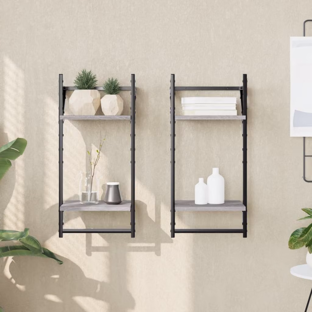 vidaXL Set di 2 Mensole a Parete con Aste in Stile Industriale, Grigio Sonoma, L 30 cm x P 25 cm x H 65 cm