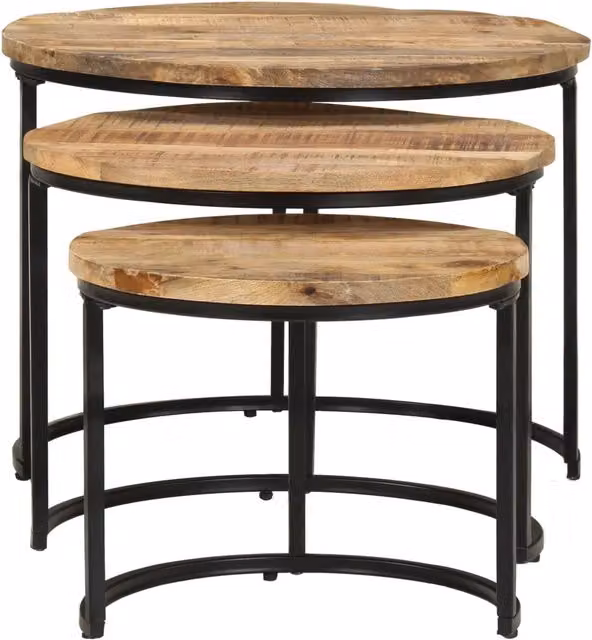 Set di 3 tavolini impilabili rotondi vidaXL in legno di mango grezzo e metallo, colore marrone