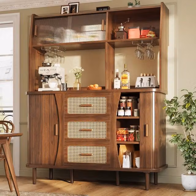 Credenza con ante scorrevoli in vetro 3 cassetti e vani aperti MDF color noce 140 × 40;5 × 174;5 cm