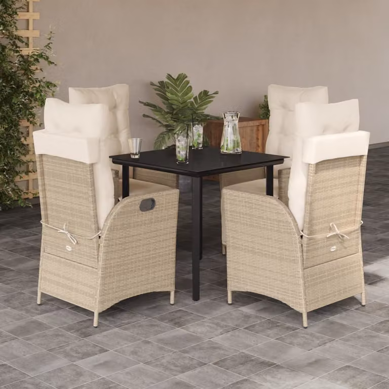 Set da Pranzo da Giardino vidaXL in Polyrattan con Cuscini Beige e Tavolo in Vetro 5 pz