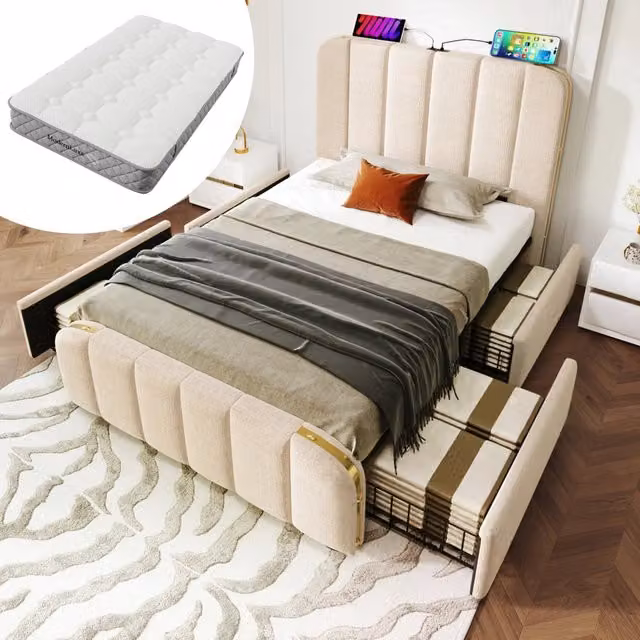 Letto singolo – 90x200 cm – USBC 4 cassetti con materasso – lino beige