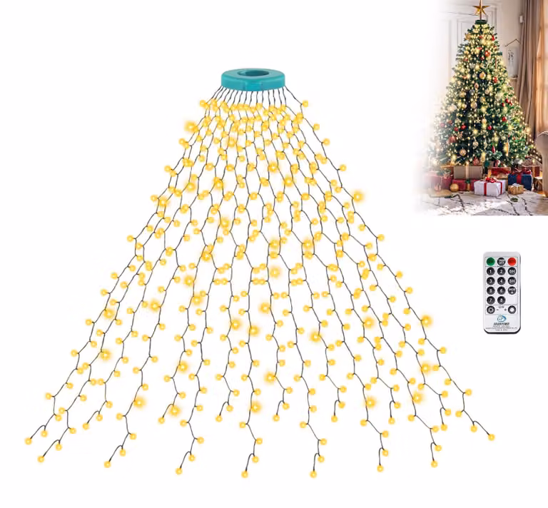 Catena luminosa, lunghezza 2,5 metri, 12 fili, 360 LED, luce bianco caldo, 8 modalità, timer
