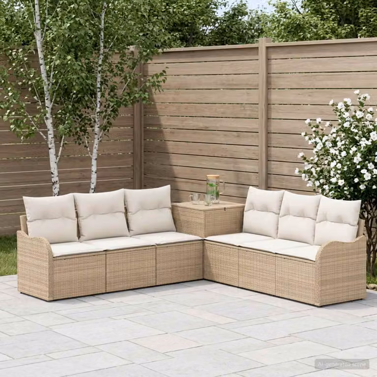 vidaXL Set di divani da giardino 7 pezzi in polyrattan beige e bianco con cuscini inclusi
