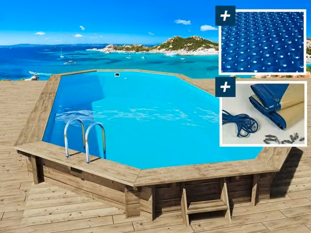Piscina ovale in legno Palma Habitat et Jardin con copertura a bolle e copertura invernale, L: 757 cm, P: 407 cm, H: 131 cm