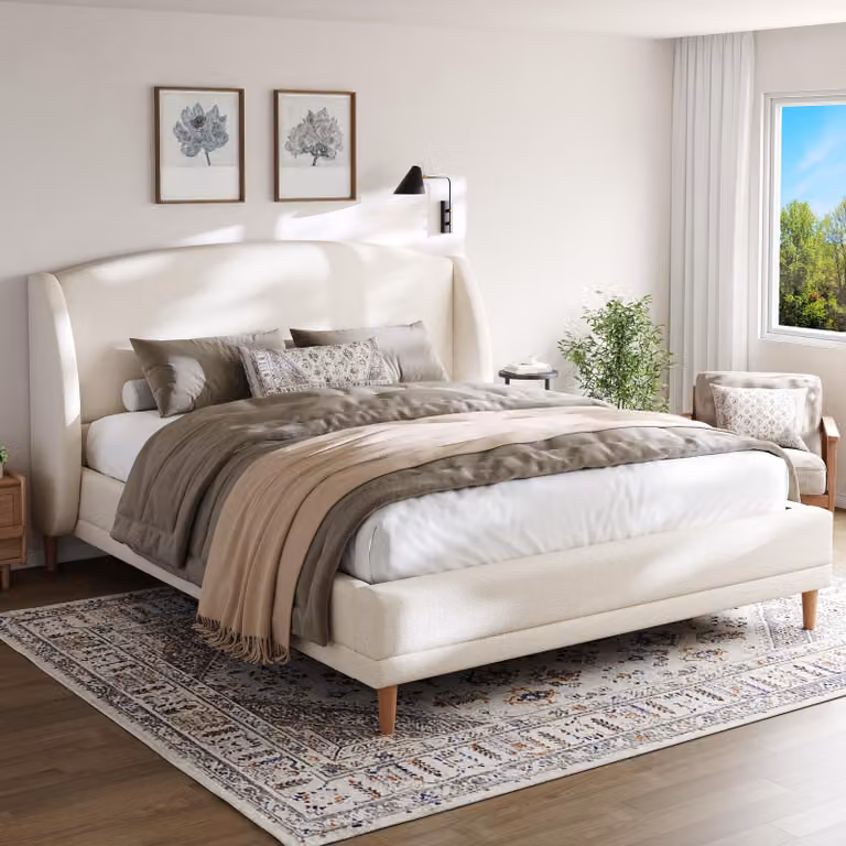 okwish Letto imbottito 140x190 cm / letto matrimoniale con rete a doghe in legno massello, telaio del letto con gambe in legno di gomma, letto per ragazzi dal design arcuato, bianco (senza materasso)