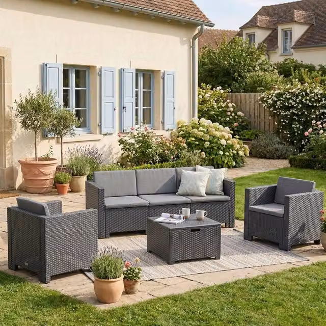 Set salotto da esterno Cameri, Salottino outdoor, Set da balcone o giardino, Composizione soggiorno per esterni, Made in Italy, Antracite