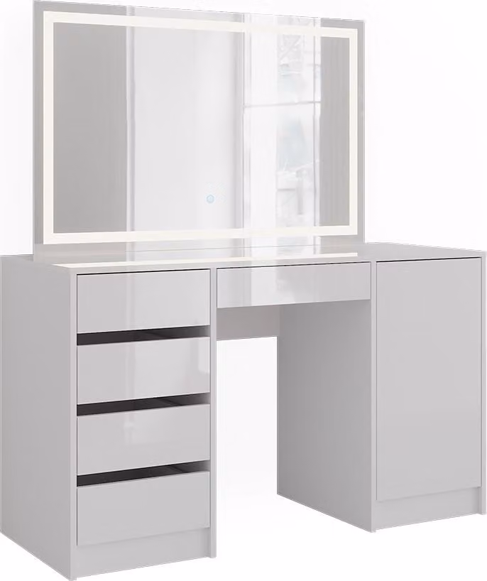 Tavolo da toeletta Vicco Sherry Bianco/Bianco lucido 128.2 cm con specchio a LED, Model 57643