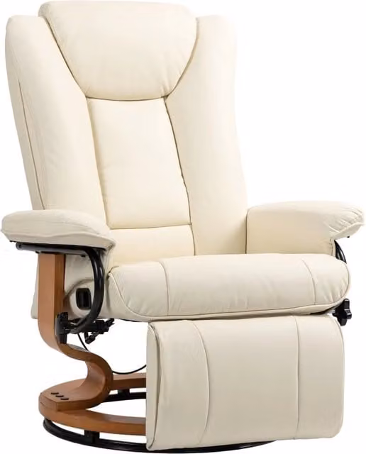 Poltrona TV girevole reclinabile con funzione reclinabile e poggiapiedi, portata massima 150 kg, in similpelle color bianco crema, ideale per il
