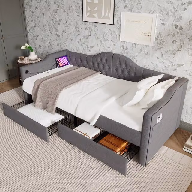 Letto Imbottito Contenitore con USB e Cassetti ¨C MINIMAL ¨C Tessuto Grigio 90x200 senza materasso