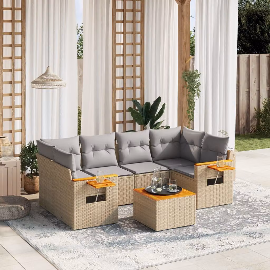 vidaXL Set Divani da Giardino 7 pz in Polyrattan con Cuscini Beige e Tavolino da Esterno – 1