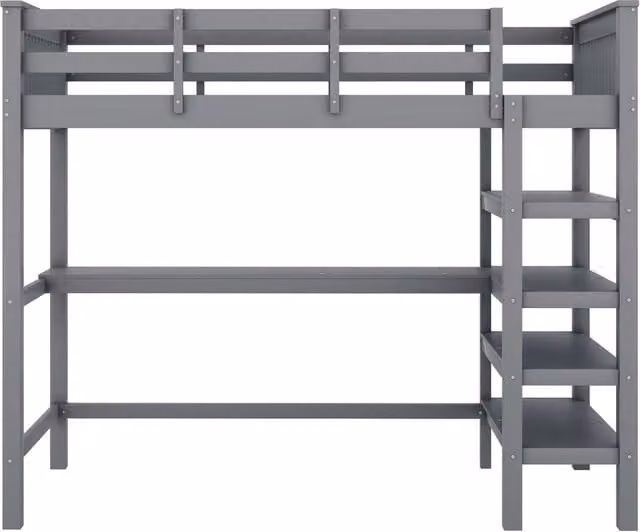 Letto a soppalco per bambini 90x200 cm con scrivania e ripiani, grigio, senza materasso