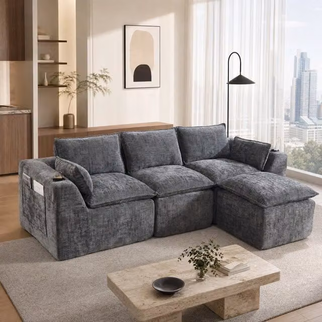 Divano modulare con pouf 256x161x75 cm in ciniglia grigio scuro