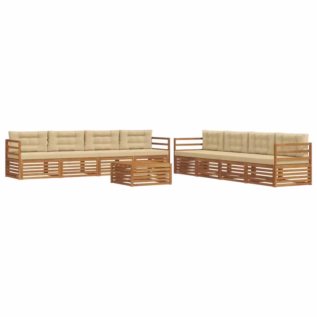 Set di divani da esterno vidaXL a forma di U composto da 9 pezzi con tavolino da caffè, in legno di acacia e tessuto beige e marrone – 2