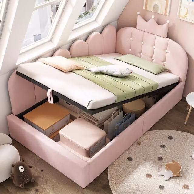 LETTO daybed 90x200 cm velluto rosa con contenitore idraulico