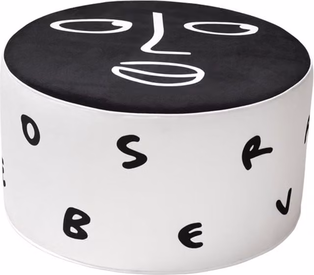 Pouf cilindrico Qeeboo Midnight Monologue M in tessuto bianco e nero con design astratto moderno