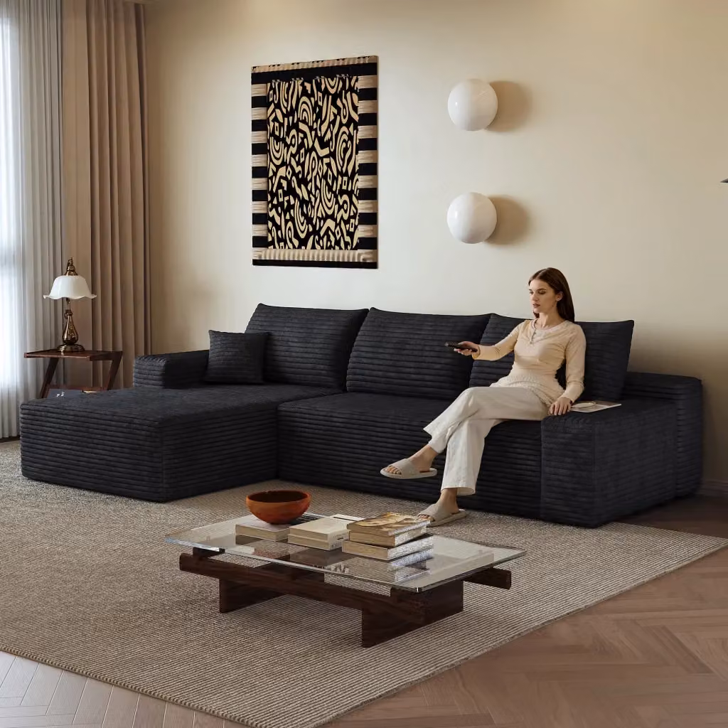 Divano Angolare Modulare Vovees Living Nero in Velluto a Coste con Chaise Longue a Sinistra, 3 Posti, L/P/H: 270 x 175 x 83 cm – 2