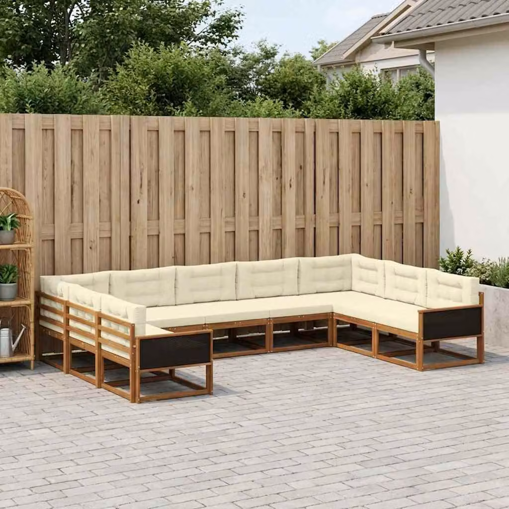 Set di divani da esterno a forma di U vidaXL in legno di acacia con cuscini, 9 pezzi, beige e marrone