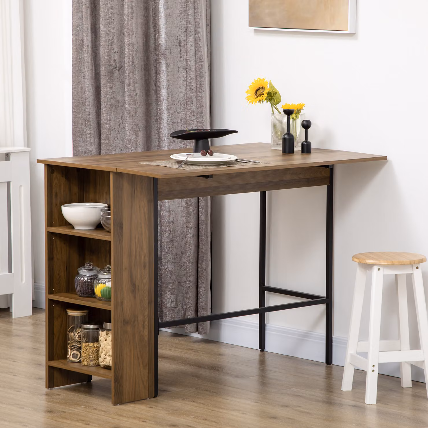 Isola da cucina HOMCOM con piano laterale ribaltabile, 3 ripiani e vani contenitori, Marrone, L 120 x P 76 x H 91,4 cm – 2