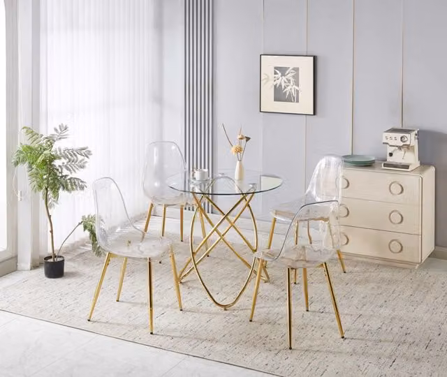 Set da pranzo 5 pezzi con tavolo e 4 sedie in velluto con gambe placcate oro