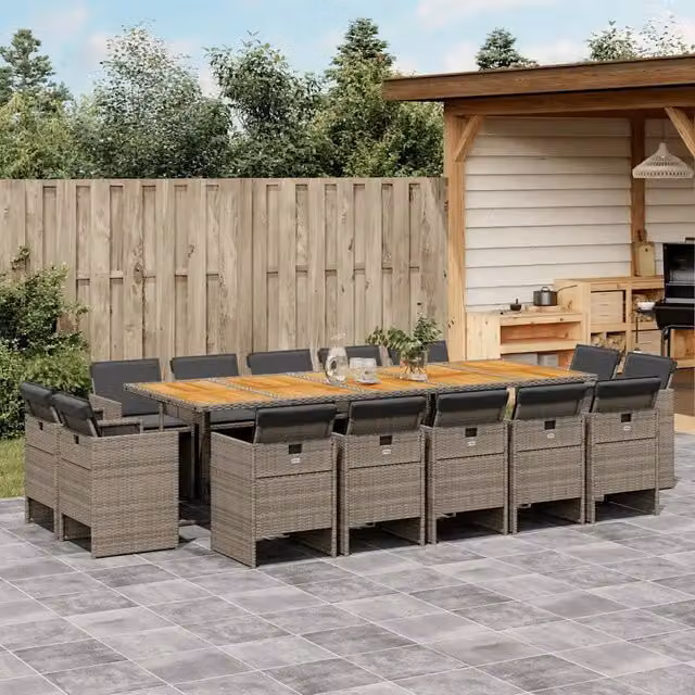 Set da pranzo da giardino vidaXL in legno di acacia e polyrattan con 15 pezzi e cuscini, colore grigio e marrone