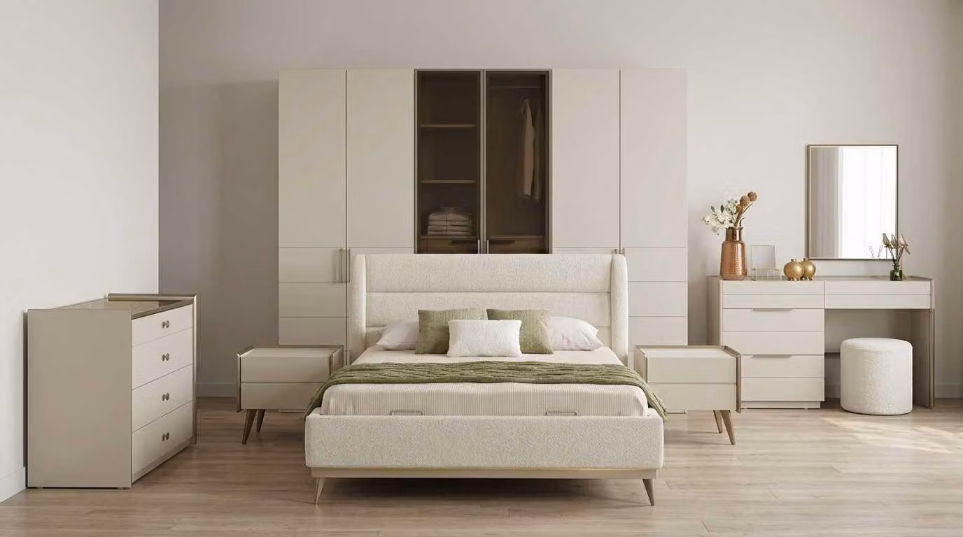 Set completo per camera da letto in stile moderno, beige, composto da letto, comò da trucco e armadio