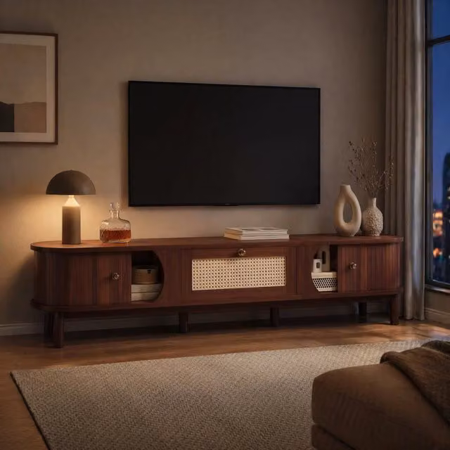 Mobile porta TV REDOM in legno e rattan con ante e cassetti, colore beige e marrone, L: 170 cm, P: 39,5 cm, H: 38 cm – 1