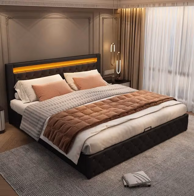 Letto imbottito 140x190 cm con contenitore e LED; PU nero (Senza materasso)