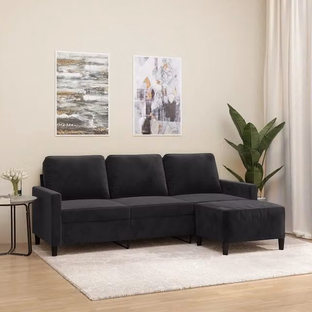 Divano a 3 Posti con Poggiapiedi-Sofa 3 Posti con Poggiapiedi Nero 180 cm in Velluto 386591
