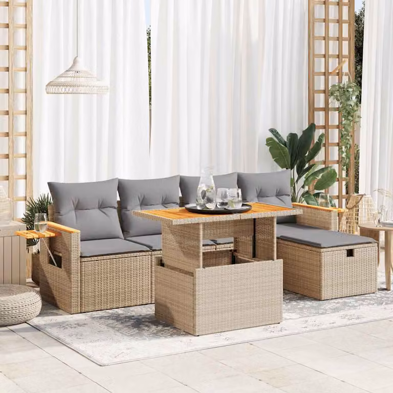 Set Divano da Giardino vidaXL 6 pz a Forma a L con Cuscini Beige e Tavolino, Design Moderno in Polyrattan con Struttura in Acciaio e Sedute Imbottite