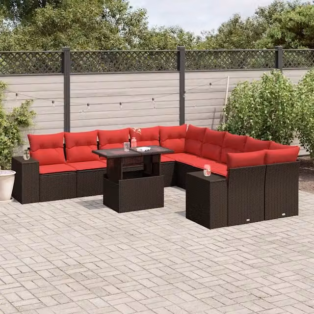 Set Divani da Giardino 11 pz con Cuscini Marrone in Polyrattan 3269434