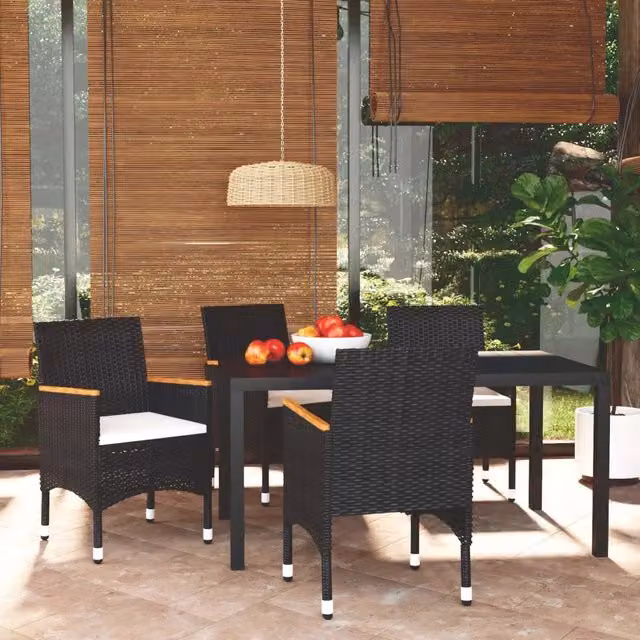 Set da Pranzo per Giardino 5 pz con Cuscini Polyrattan Nero 3095017