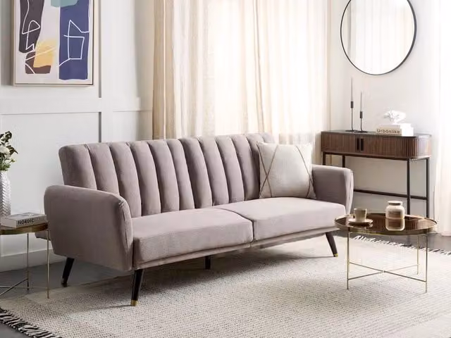 Divano letto click-clack Beliani a 3 posti in tessuto marrone con struttura in legno e poggiatesta regolabile per soggiorno e camera da letto L: 212 cm, H: 90 cm, P: 80 cm – 1