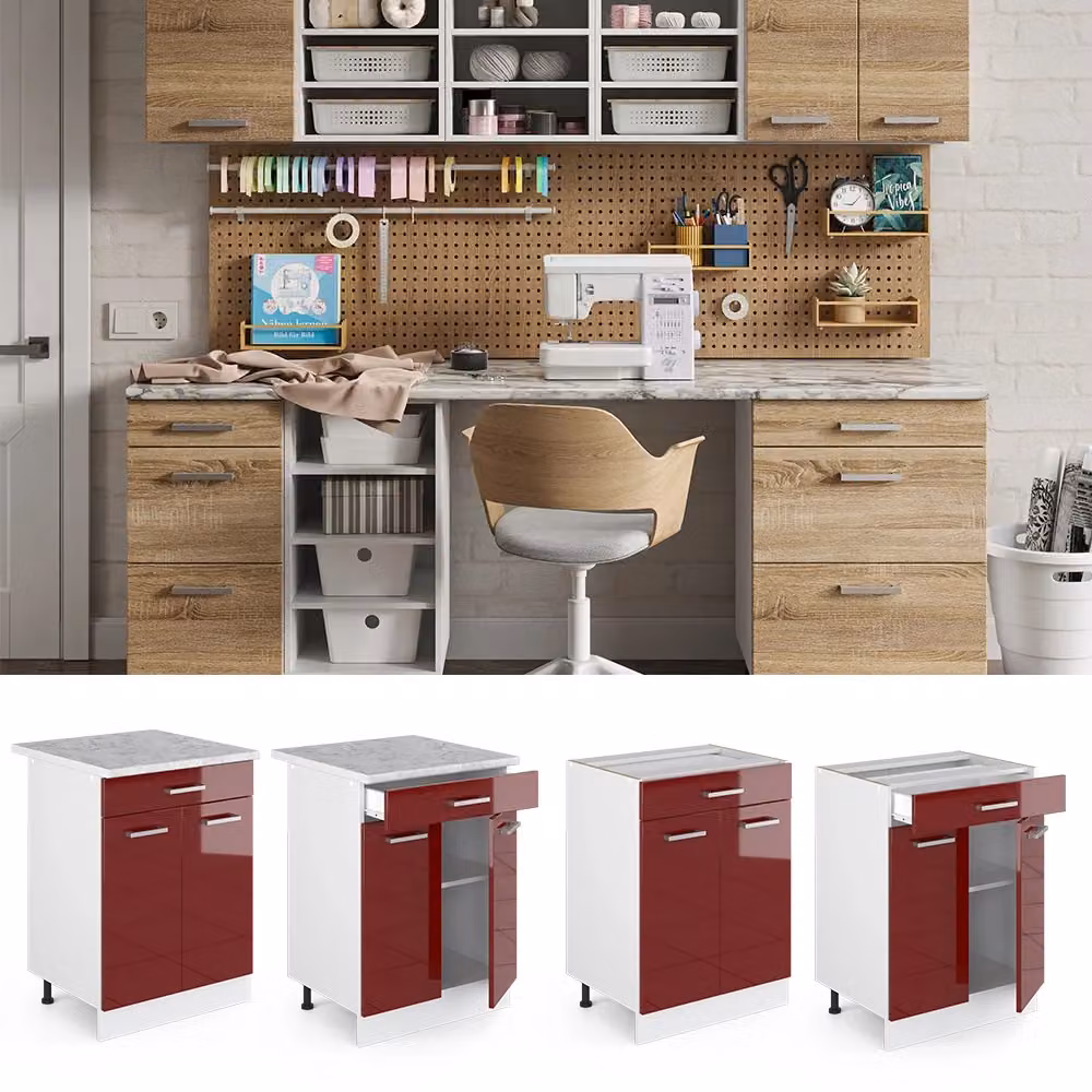 Base universale Vicco R-Line bordeaux lucido con cassetti, senza piano di lavoro, Larghezza: 60 cm – 2