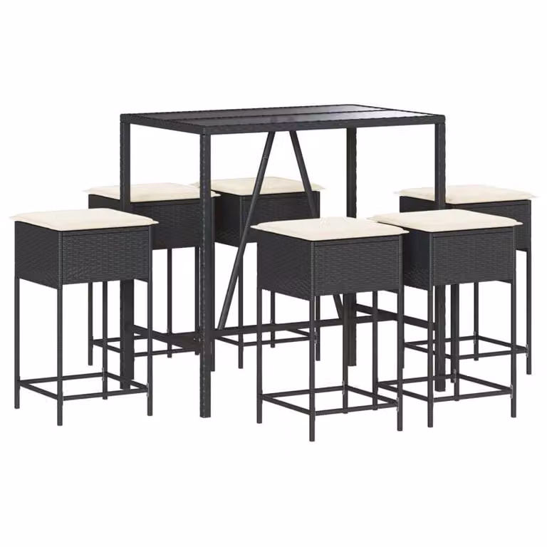 Set Bar da Giardino 7 pz con Cuscini in Polyrattan Nero