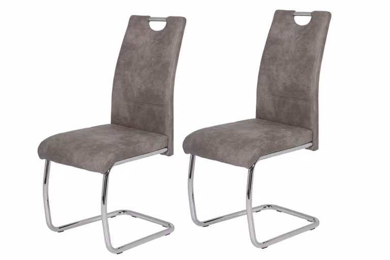 Hela Tische, set di 2 sedie per sala da pranzo a sbalzo Flora - rivestimento grigio vintage - struttura in metallo a tubo tondo cromato - portata 120 kg - schienale con maniglia