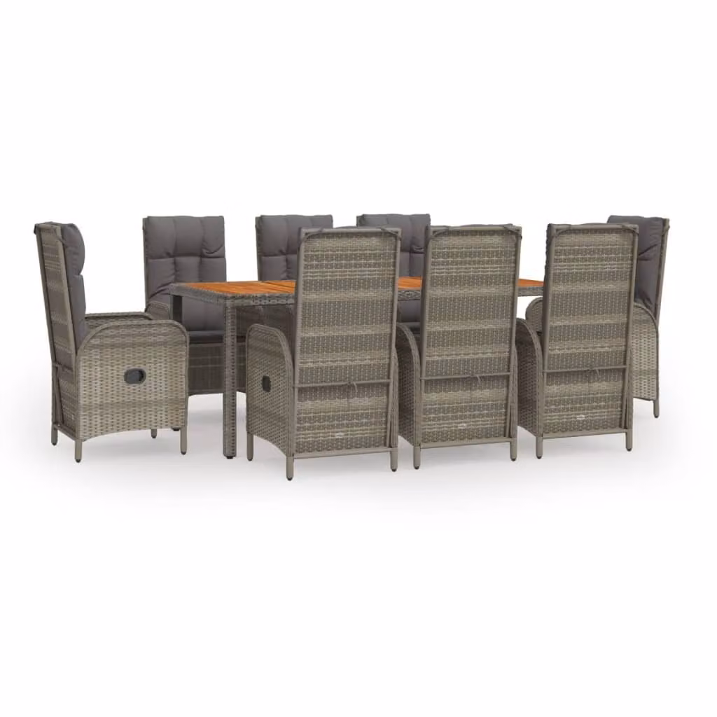 Set da Pranzo da Giardino 9 pz con Cuscini in Polyrattan Grigio