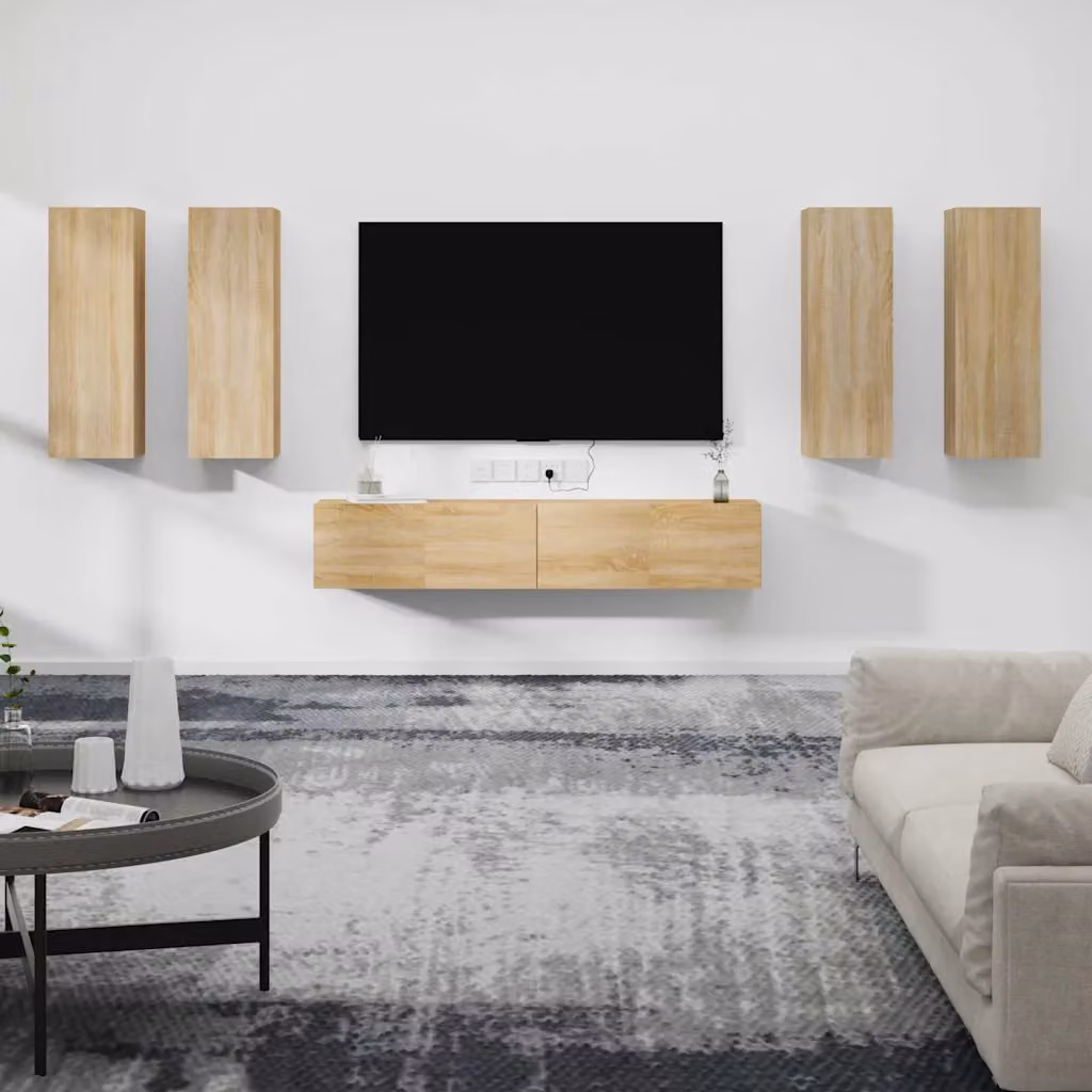 Set di mobili porta TV da 6 pezzi vidaXL in legno multistrato e MDF, colore rovere sonoma beige e marrone, design classico da parete per il tuo soggiorno