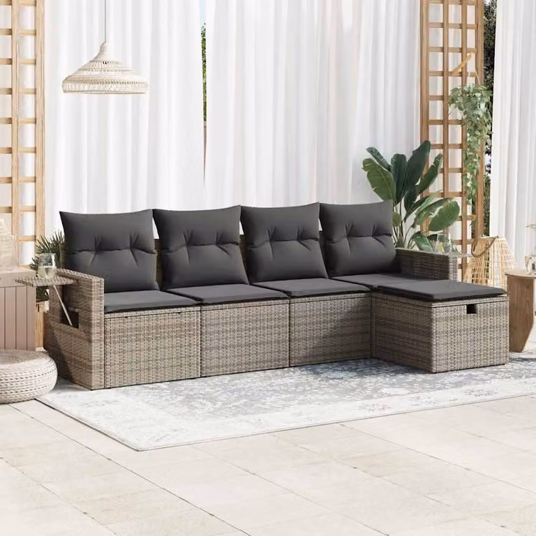 Set Divano da Giardino vidaXL 5 pz a L in Polyrattan Grigio con Cuscini e Ottoman