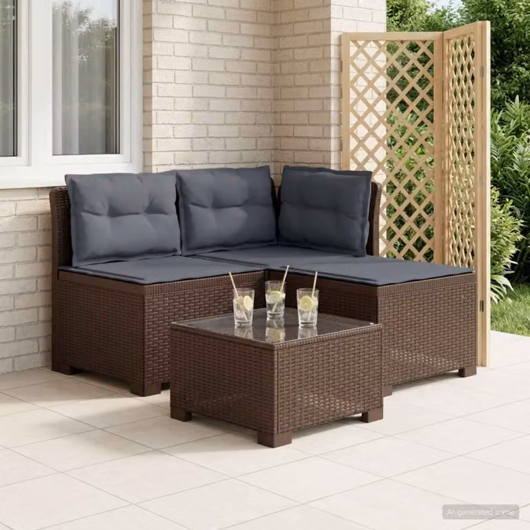 Divano da giardino a 3 posti vidaXL con cuscini in look rattan, resistente alle intemperie, grigio e marrone