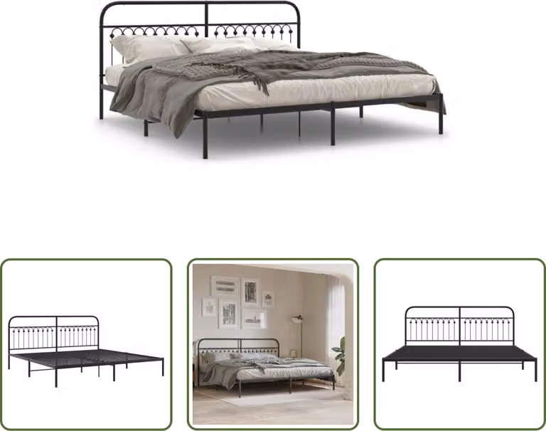 The Living Store Struttura letto con testiera in metallo nero 200x200 cm