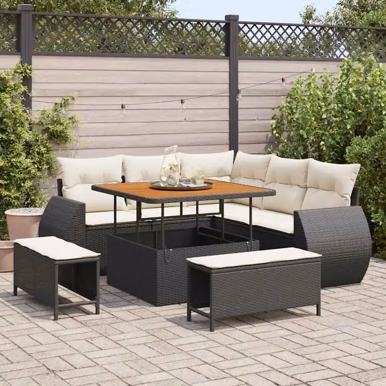 Set Divano da Giardino Moderno vidaXL 8 Pezzi Nero con Cuscini e Tavolino in Polyrattan e Acciaio