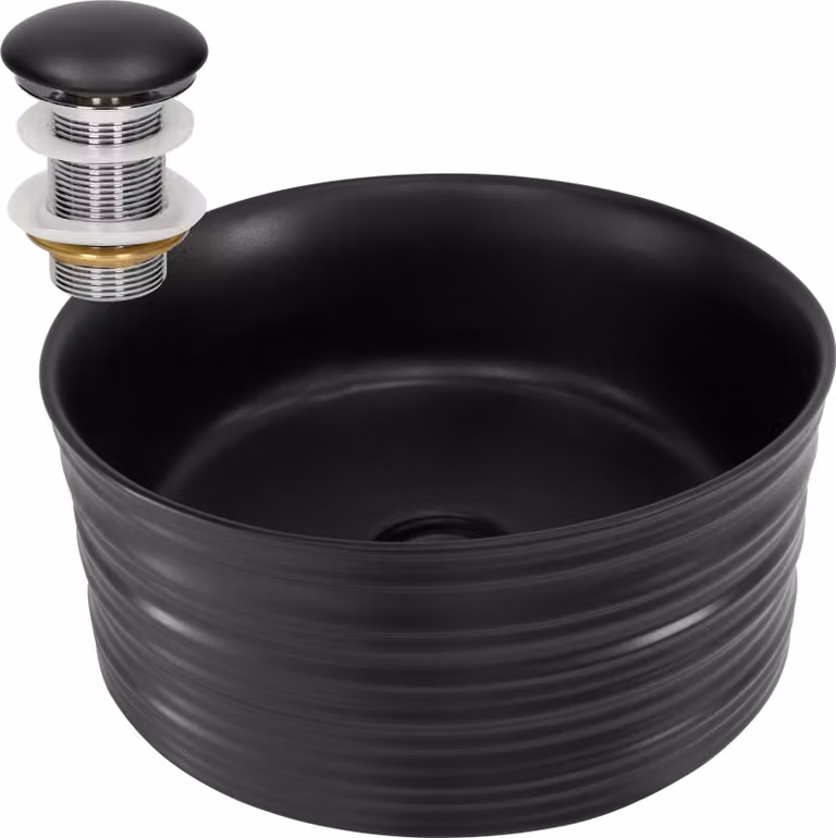 Lavabo LuxeBath Lavabo da appoggio rotondo, Ø 41x18 cm, nero, in Vetroceramica, incl. set di scarico senza troppopieno