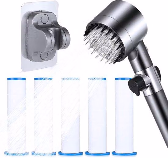 Soffione doccia a risparmio idrico con 4 modalità, funzione di arresto dell'acqua, getto ad alta pressione, getto massaggiante, filtro e sistema di filtraggio dell'acqua.