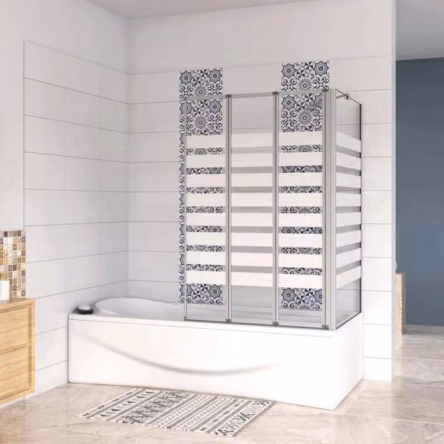 Sopravasca 100×140cm Vetro 4mm Temperato Bianco 3 Ante Pieghevoli a Libro con Lato Fisso 70x140 cm Profilo Argento Opaco Verso Destro