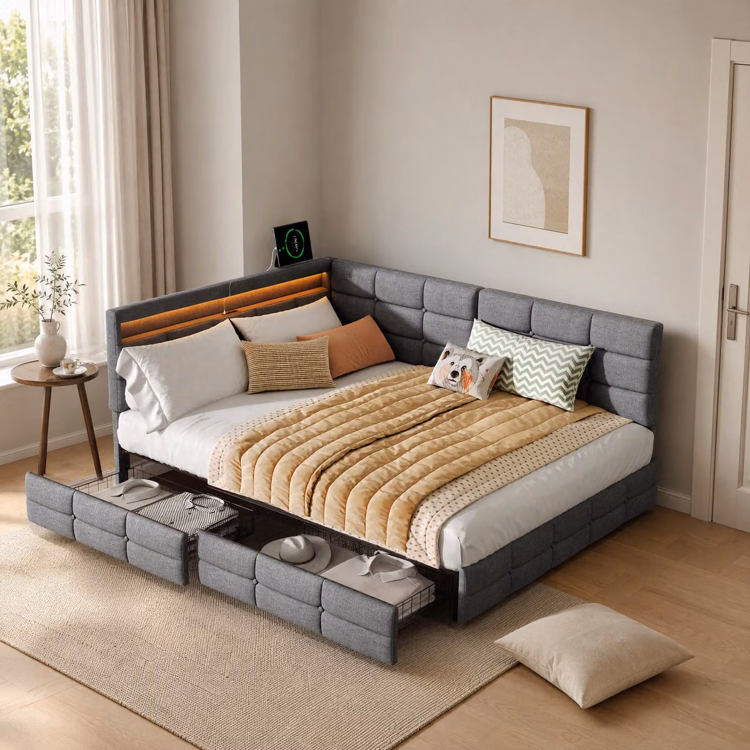 Letto imbottito trasformabile in divano, dimensioni 140x200 cm, con illuminazione LED, prese USB di tipo C e prese USB, letto per ragazzi con 2 cassetti e rete a doghe, tessuto in lino, colore grigio