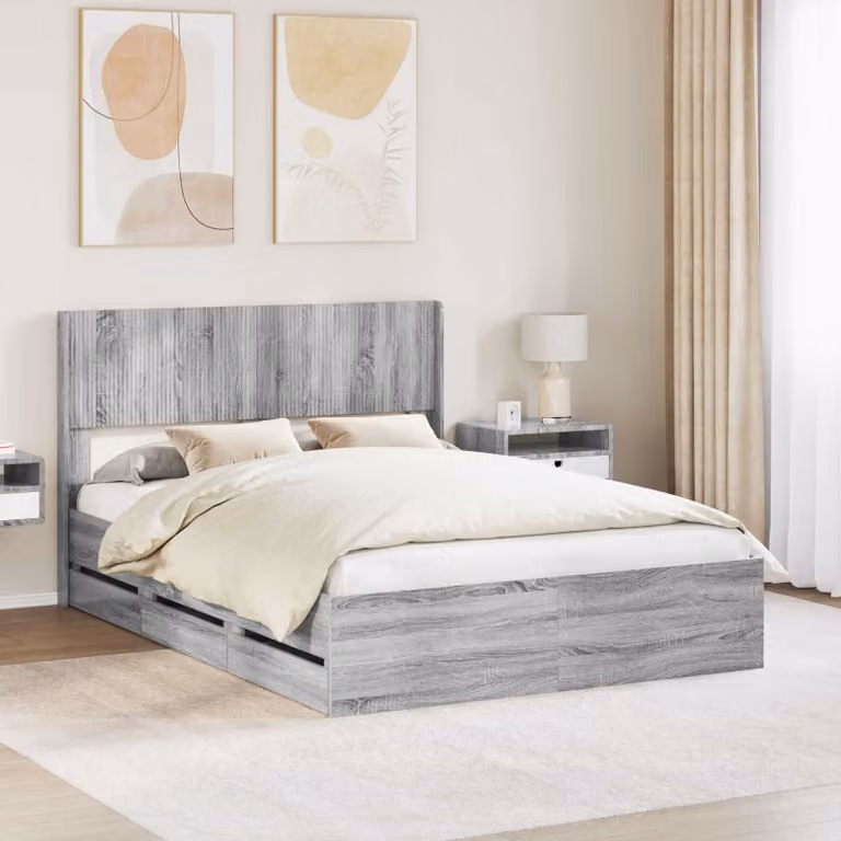 Struttura letto con stoccaggio e testata vidaXL in legno MDF Grigio Sonoma L: 156.5 cm, P: 203.0 cm, H: 100.0 cm