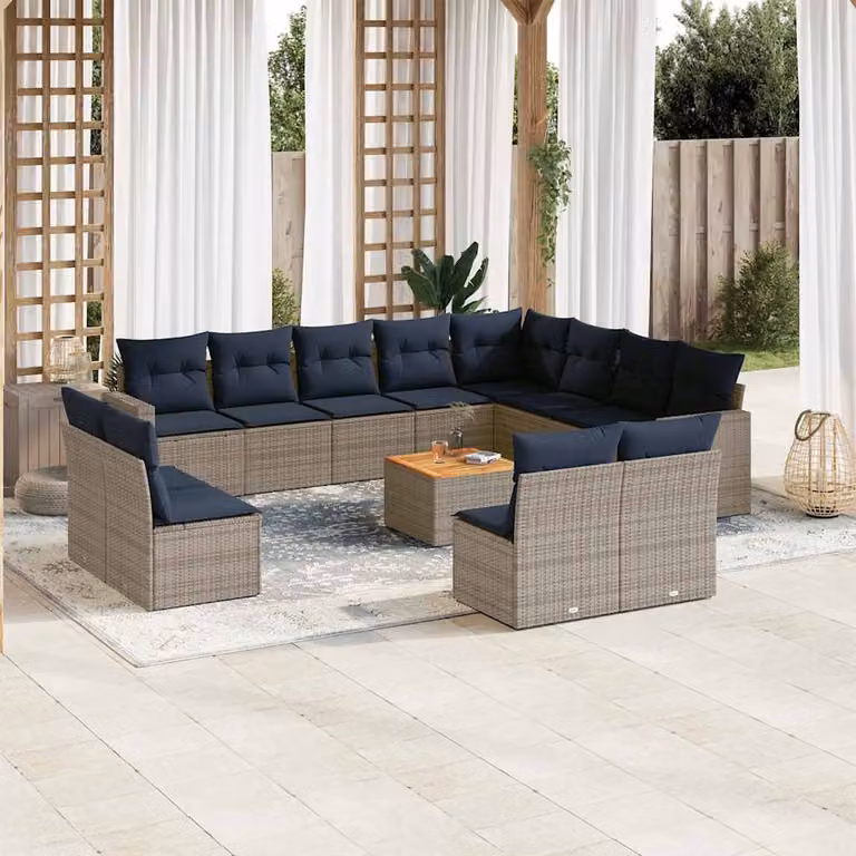 vidaXL Set Divani da Giardino 13 pz in Polyrattan con Cuscini Grigio e Blu a Forma di U