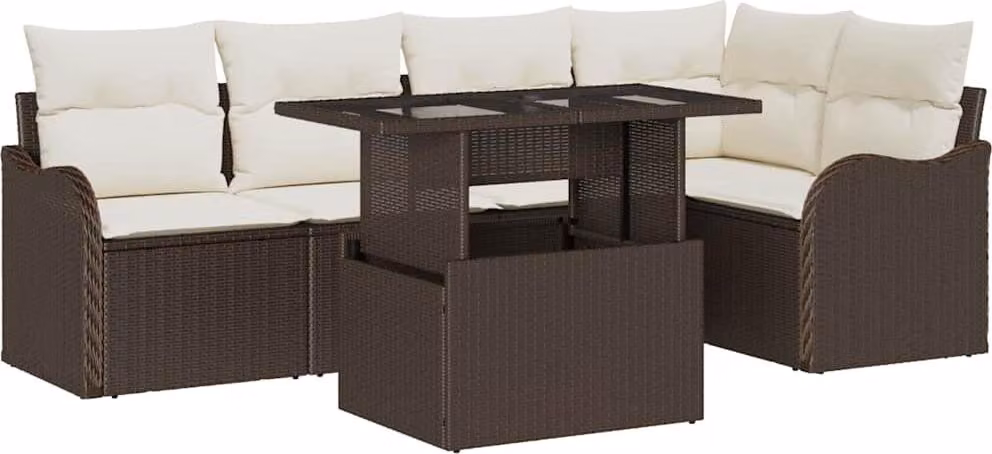 Set da pranzo con cuscino 6 pcs Marrone Poly Rattan