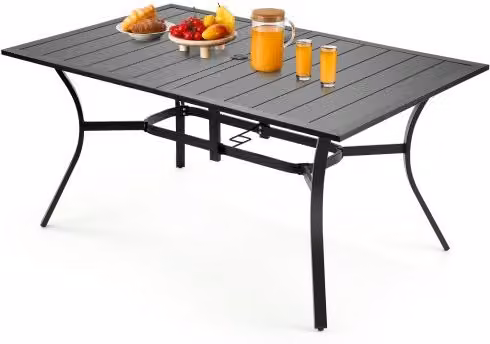 Tavolo rettangolare da giardino VEVOR in acciaio al carbonio nero con foro per ombrellone, L: 150 cm, P: 96 cm, H: 72,5 cm